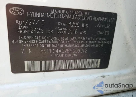 2011 Hyundai Sonata Se z USA, uszkodzony, nr VIN 5NPEC4AC2BH059912